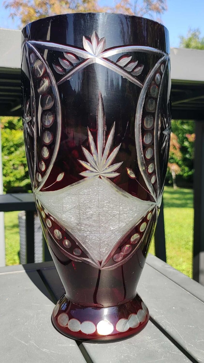 Bohemian/Czech Boho crystal vase, Burgundy red, vintage