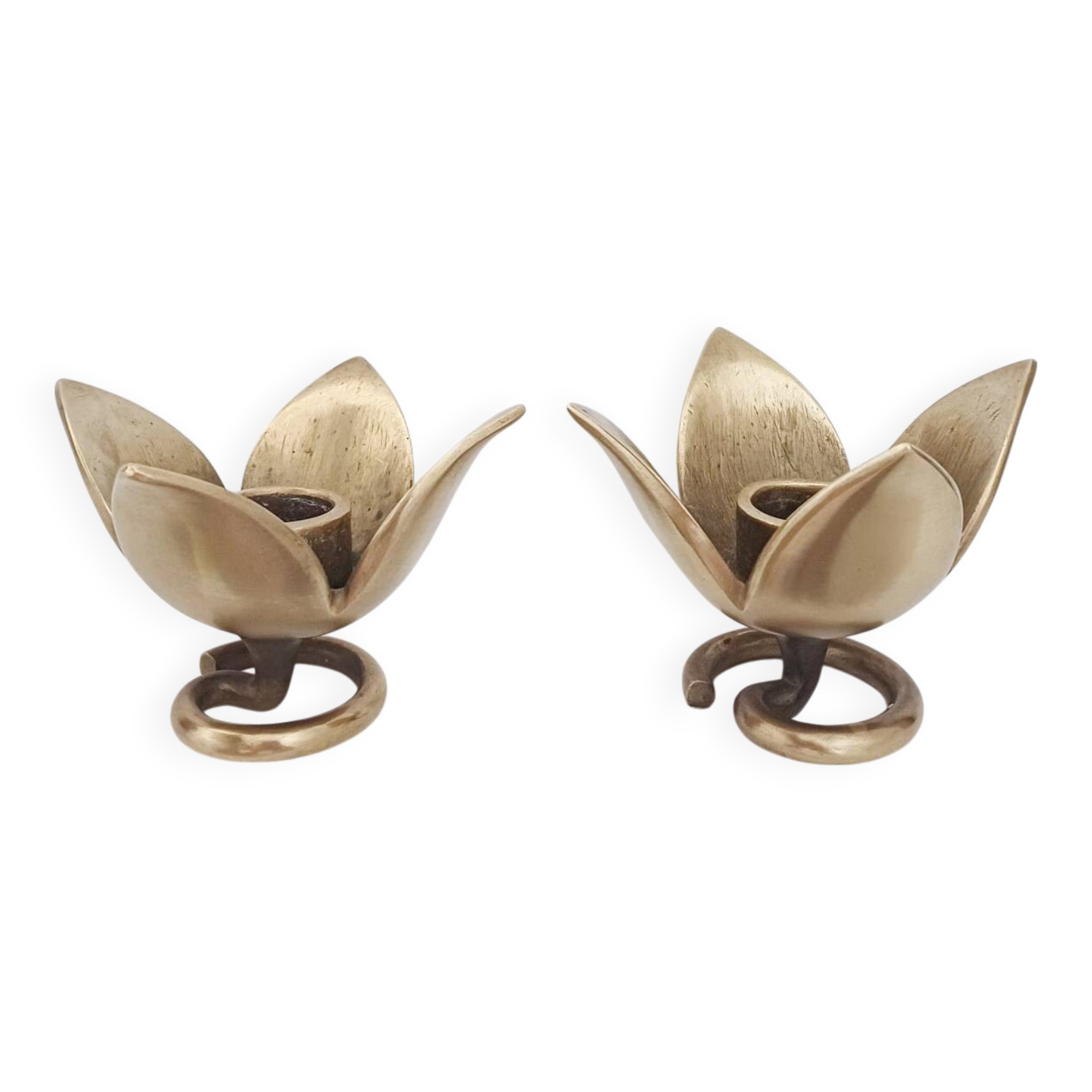 Pair of Solid Brass Tulip Candle Holders – Handcrafted 1970s