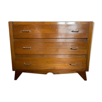 Commode vintage  vers 1960 -  3 tiroirs -couleur chêne moyen - pieds compas -très  bon état
