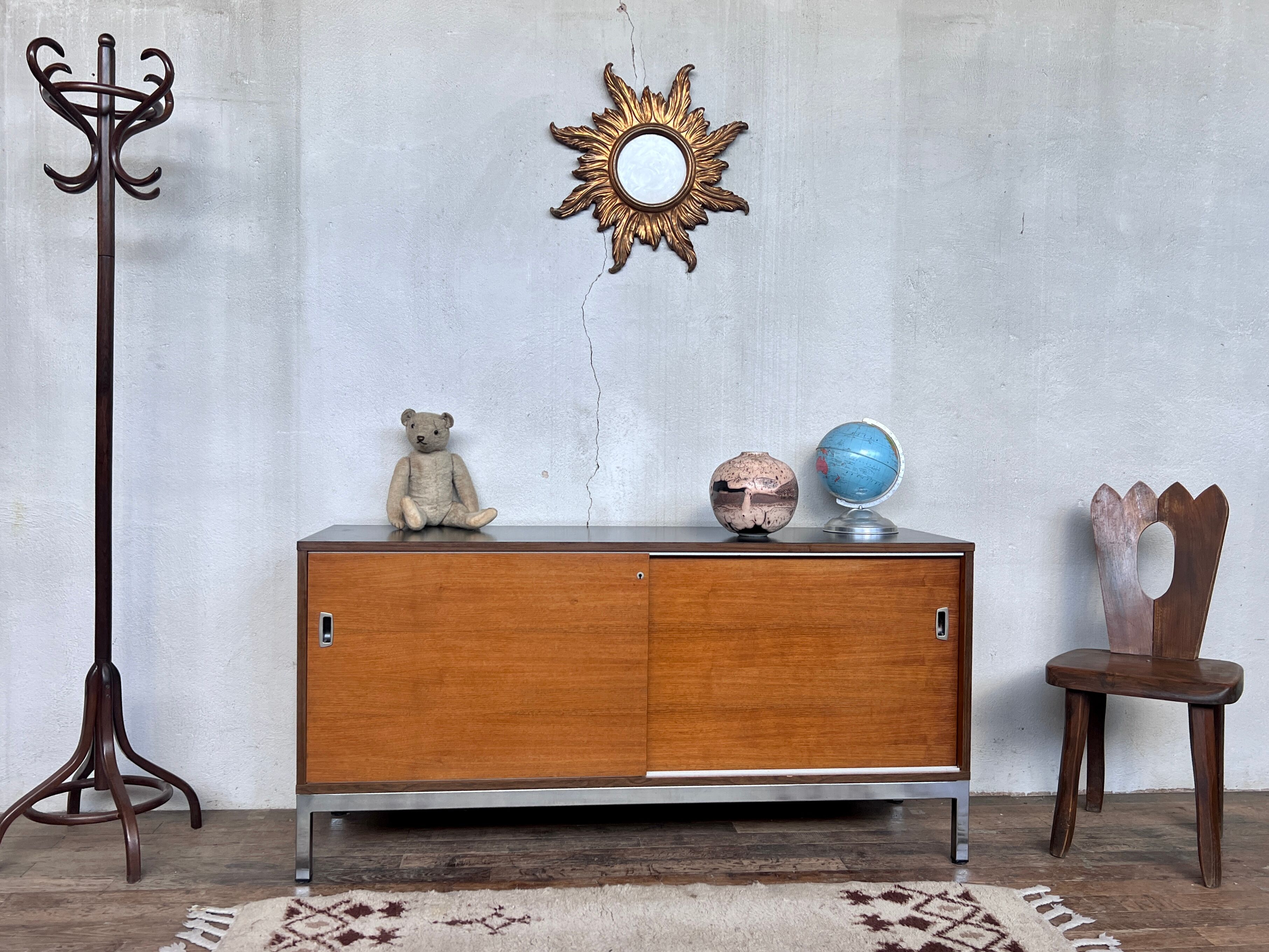 Enfilade 2 sliding doors in teak feet vintage chrome