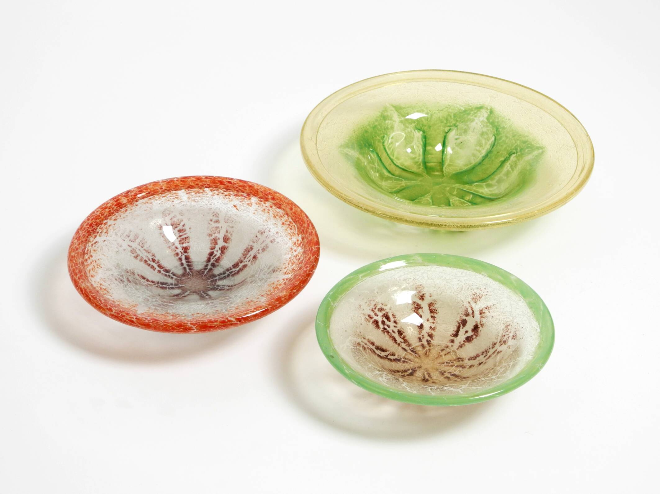 Three large colored 1930s glass bowls by Karl Wiedmann for WMF Ikora