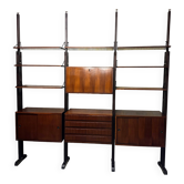 Bookcase, wall unit in wood and black metal, Italy 1960