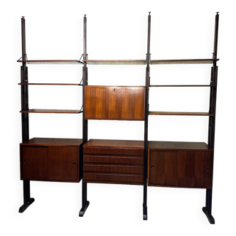 Bookcase, wall unit in wood and black metal, Italy 1960