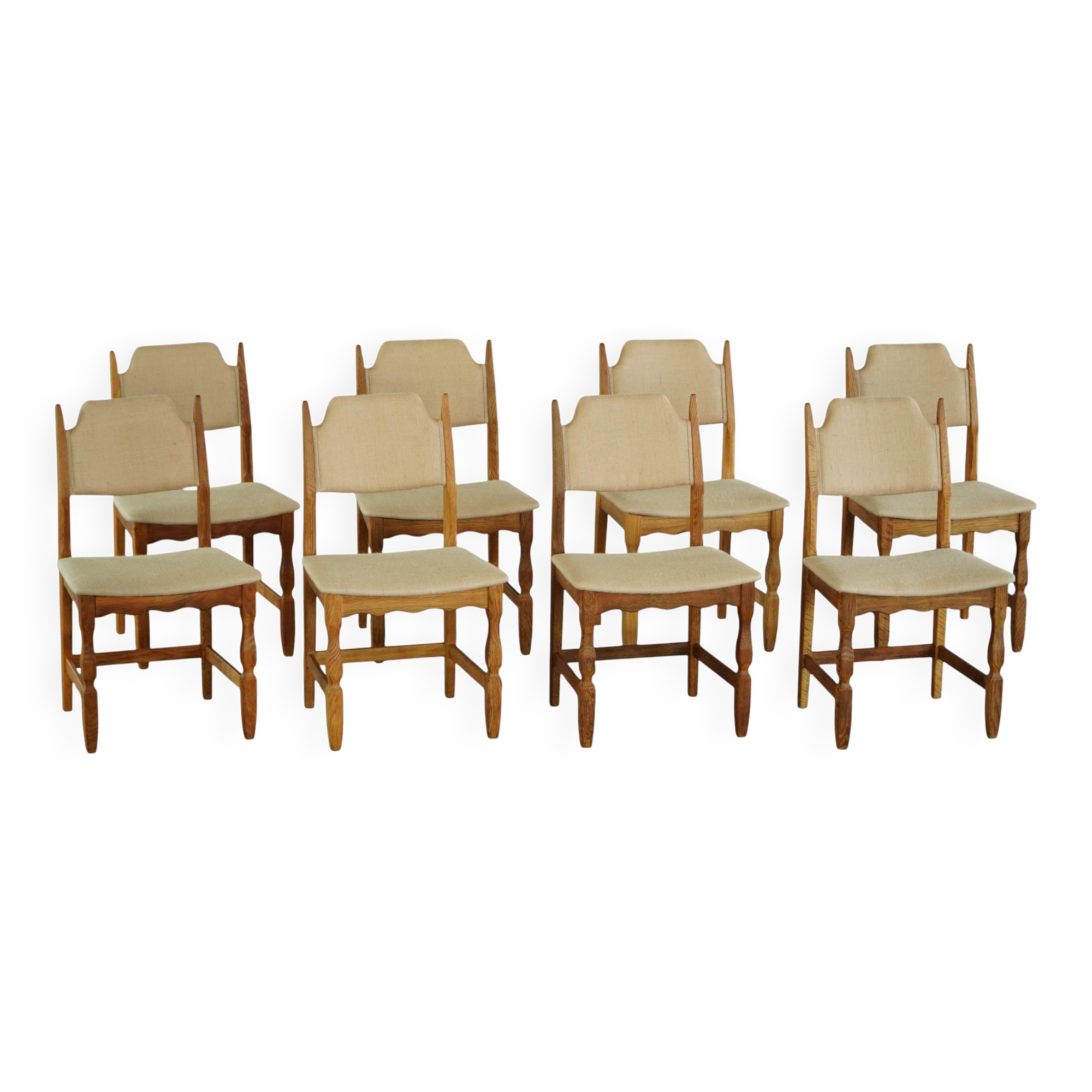 Henning Kjærnulf, set of 8 chairs, Oak and Hessian, Mid Century Modern, 1960s
