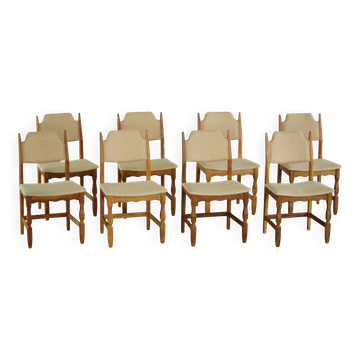 Henning Kjærnulf, set of 8 chairs, Oak and Hessian, Mid Century Modern, 1960s