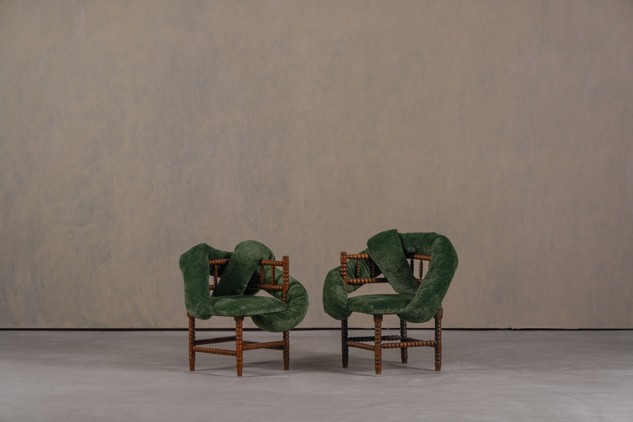 Chaises à bobines vintage, réimaginées par Corina Olaru, Hollande années 1930, ensemble de 2