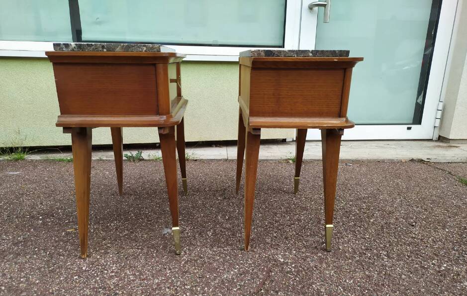 Set of 2 black white marble wood bedside tables with compass legs