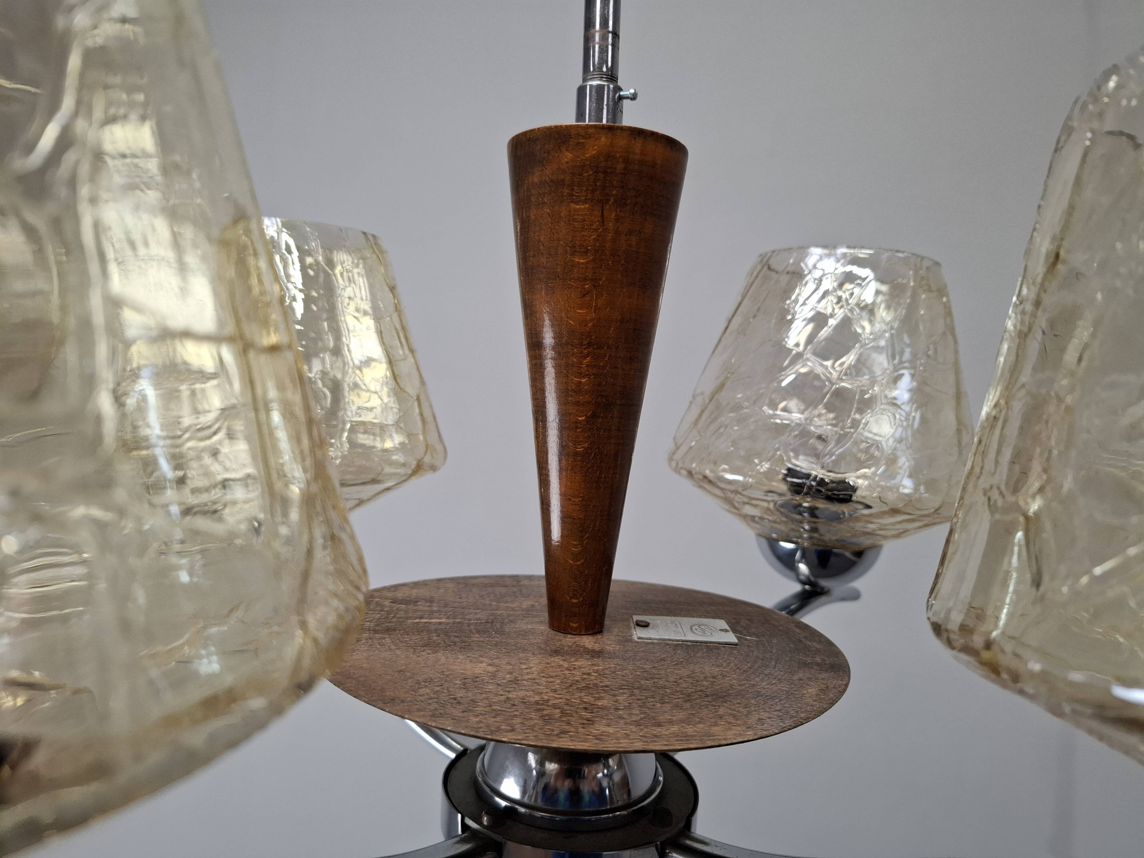 1960s Napako Mid-Century Modern Czech Four-Arm Glass Wood Chrome Chandelier