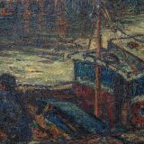 Atmospheric Signed Impressionist Oil - Barges in a Port