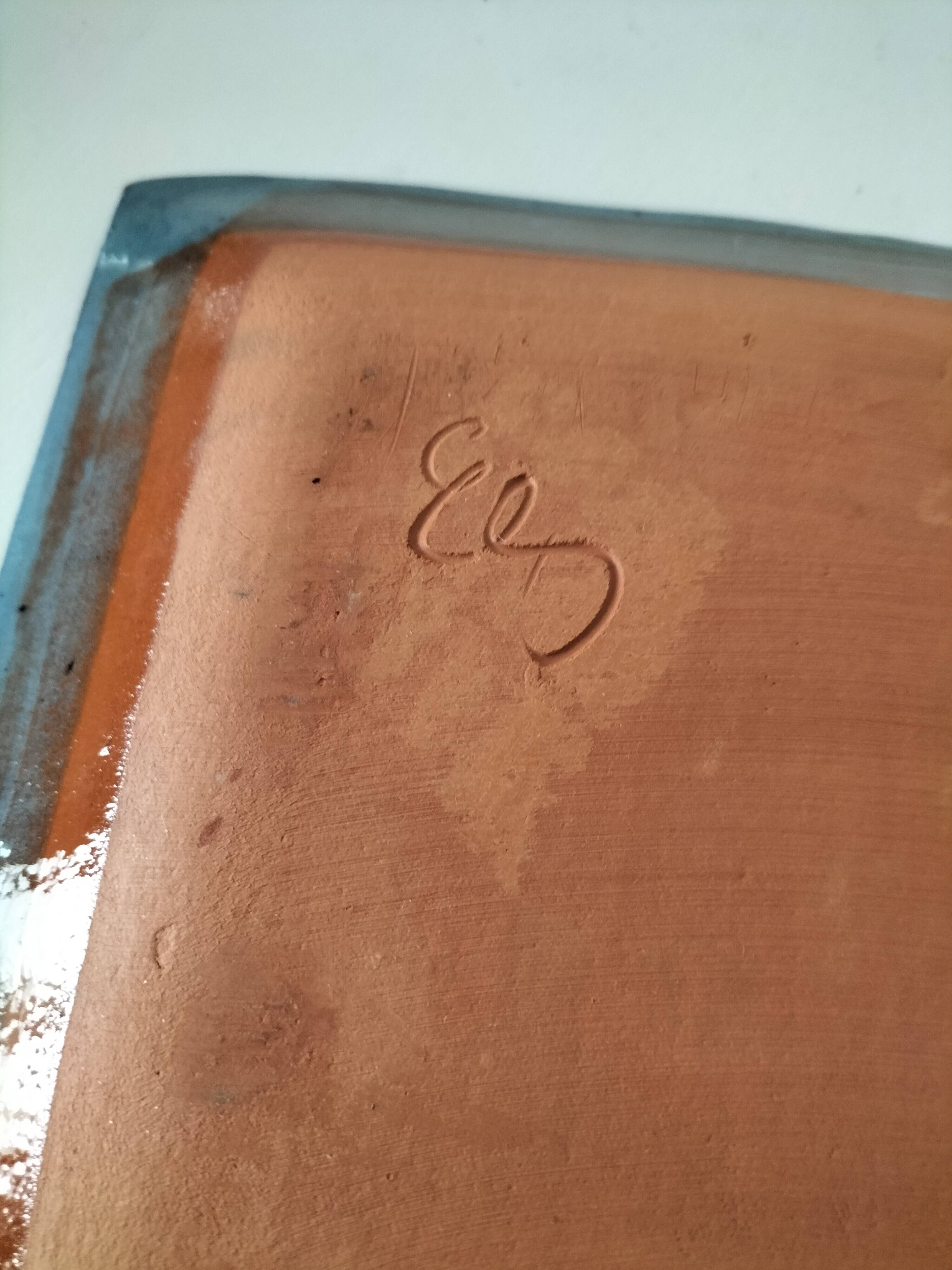 Square turquoise glazed stoneware dish, abstract floral decoration, signed.