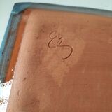 Square turquoise glazed stoneware dish, abstract floral decoration, signed.