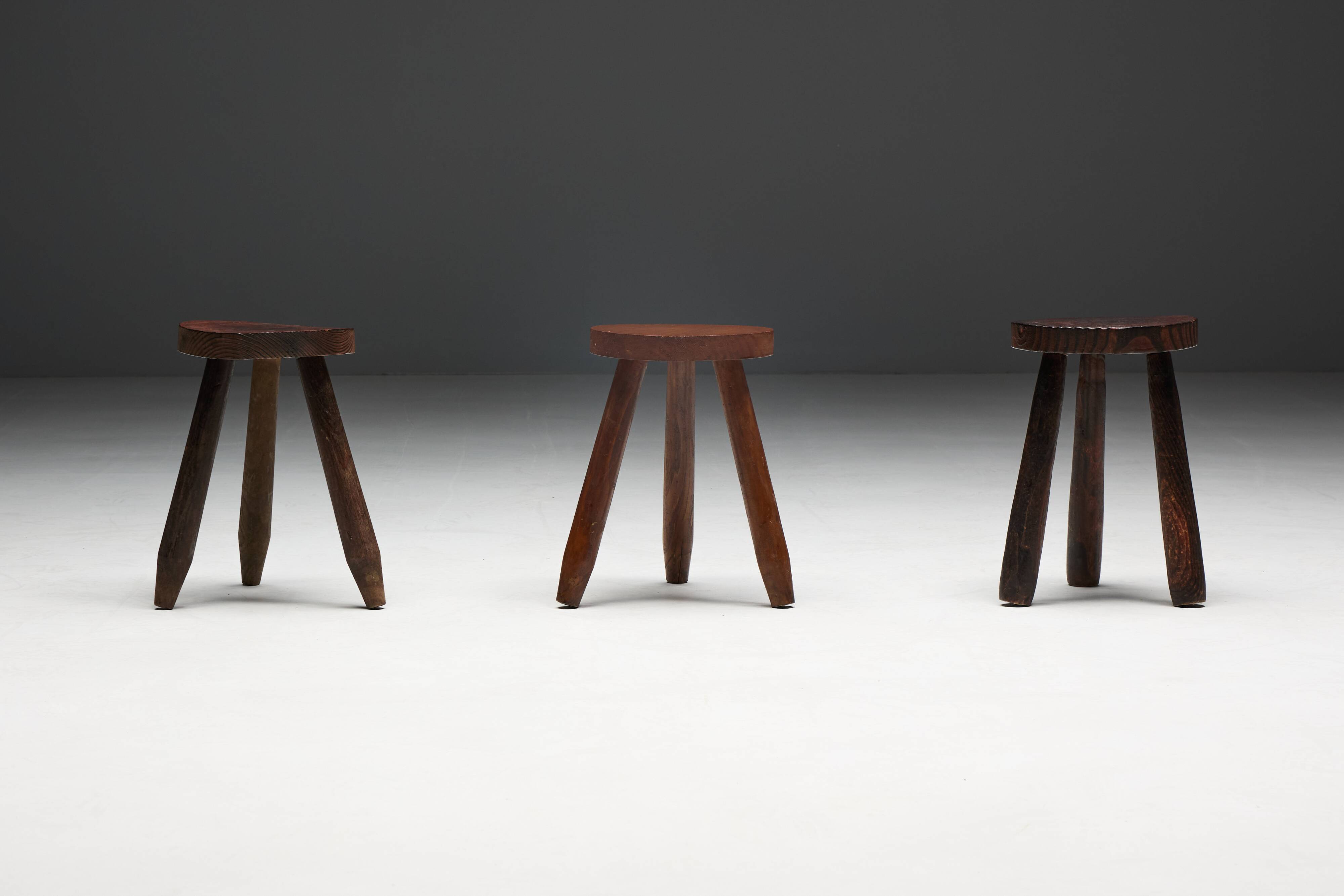 Brutalist Tripod Stools, France, 1960s