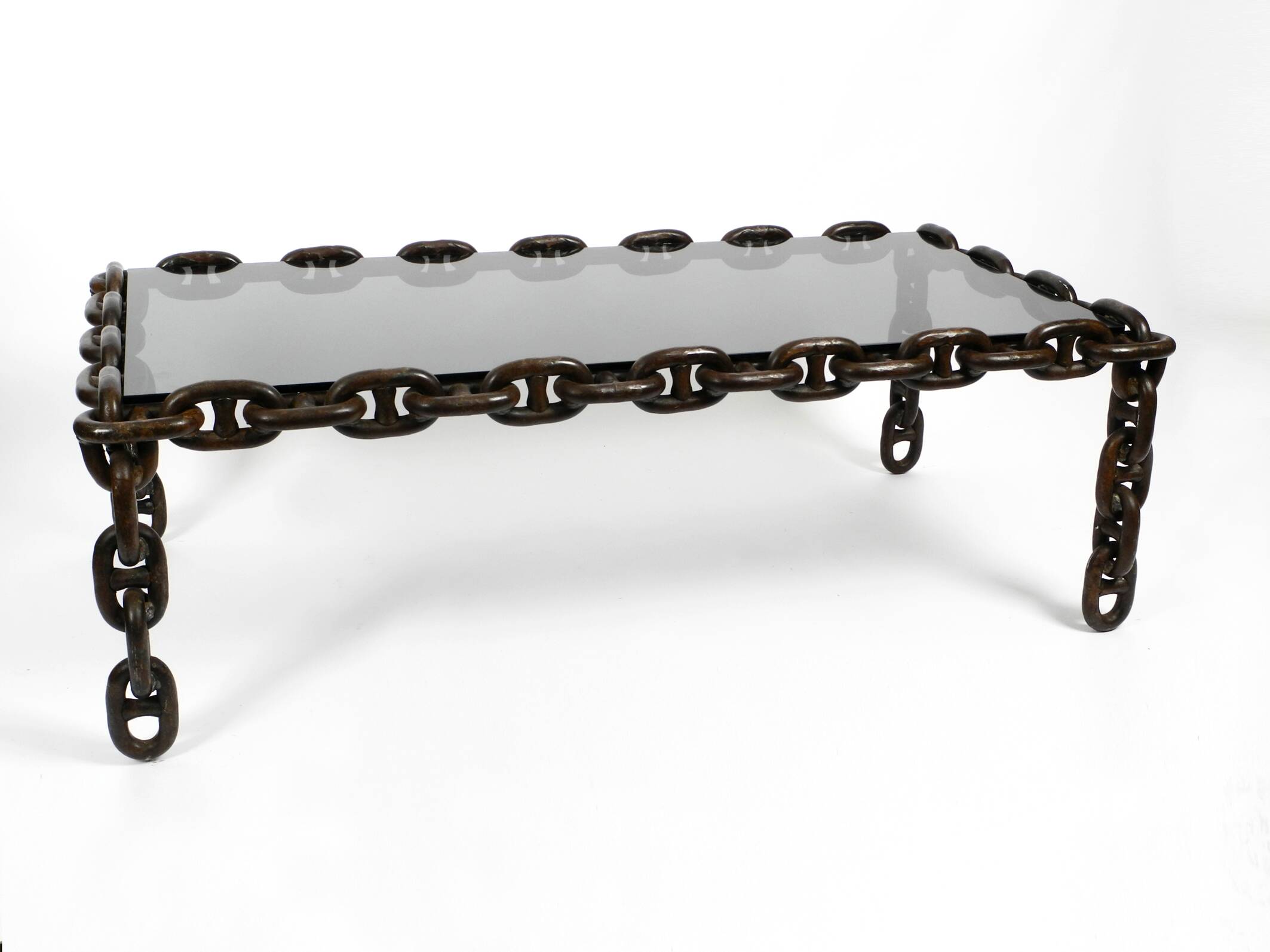 1970s XL Coffee Table Made of Nautical Iron Chain and a Thick Smoked Glass