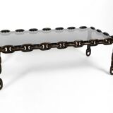 1970s XL Coffee Table Made of Nautical Iron Chain and a Thick Smoked Glass