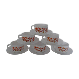 6 cups and under cups Scania small pink flowers - orange arcopal france vintage