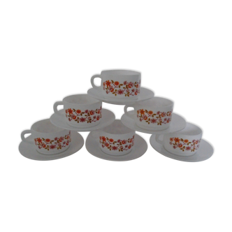 Set de 6 tasses et sous tasses Scania petites fleurs rose & orange arcopal france vintage