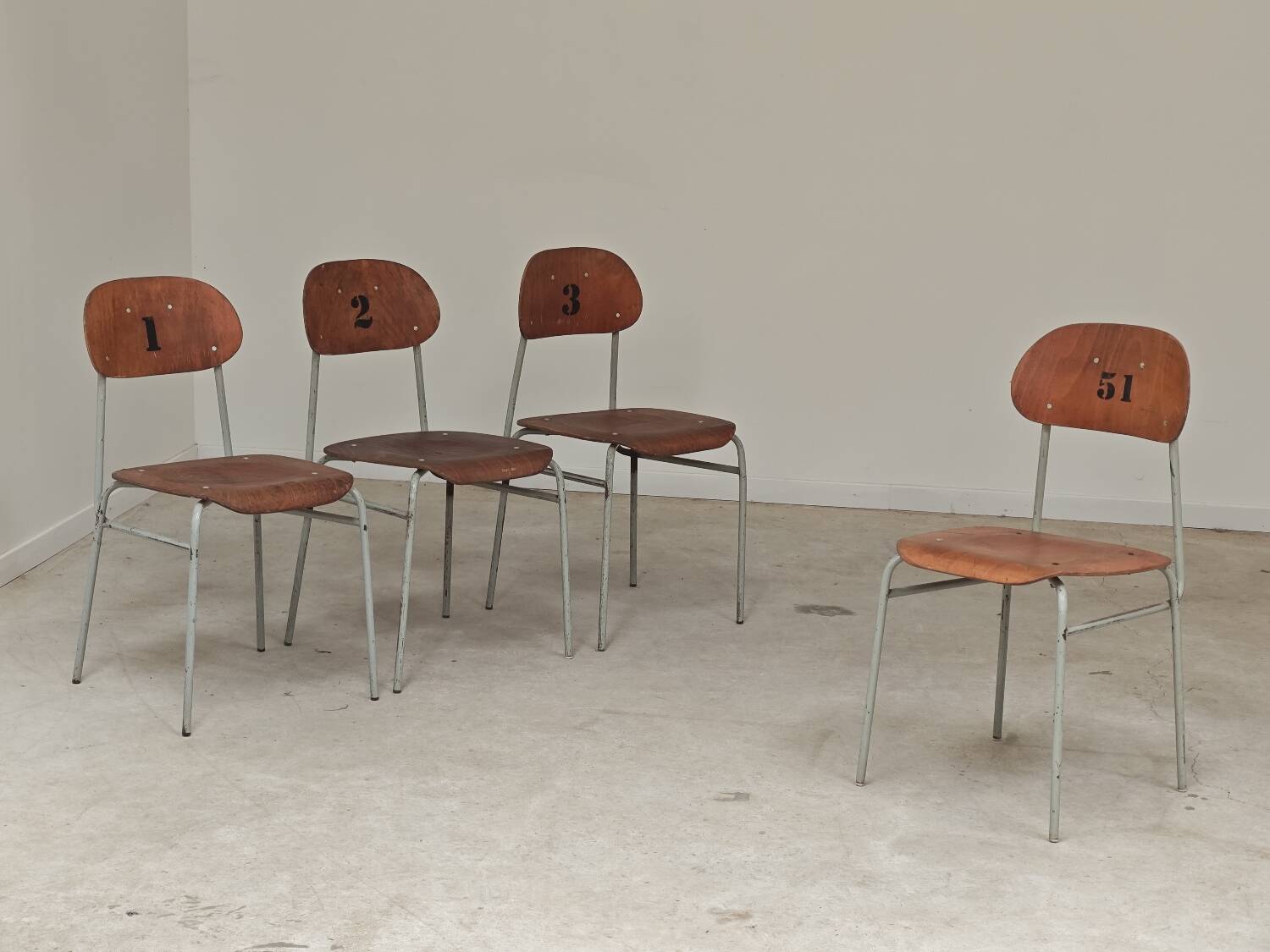 Set of 4 Czech school chairs in industrial style, 1960.