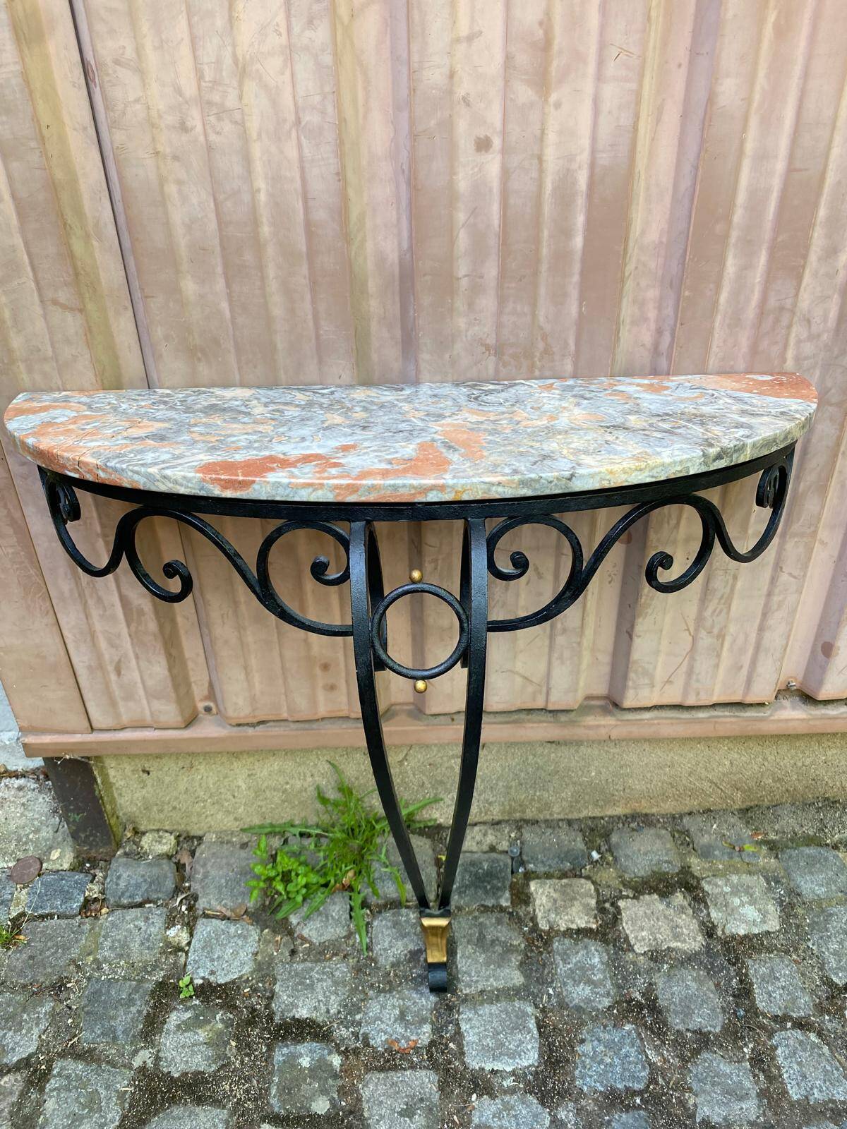 Vintage wall console in wrought iron and marble