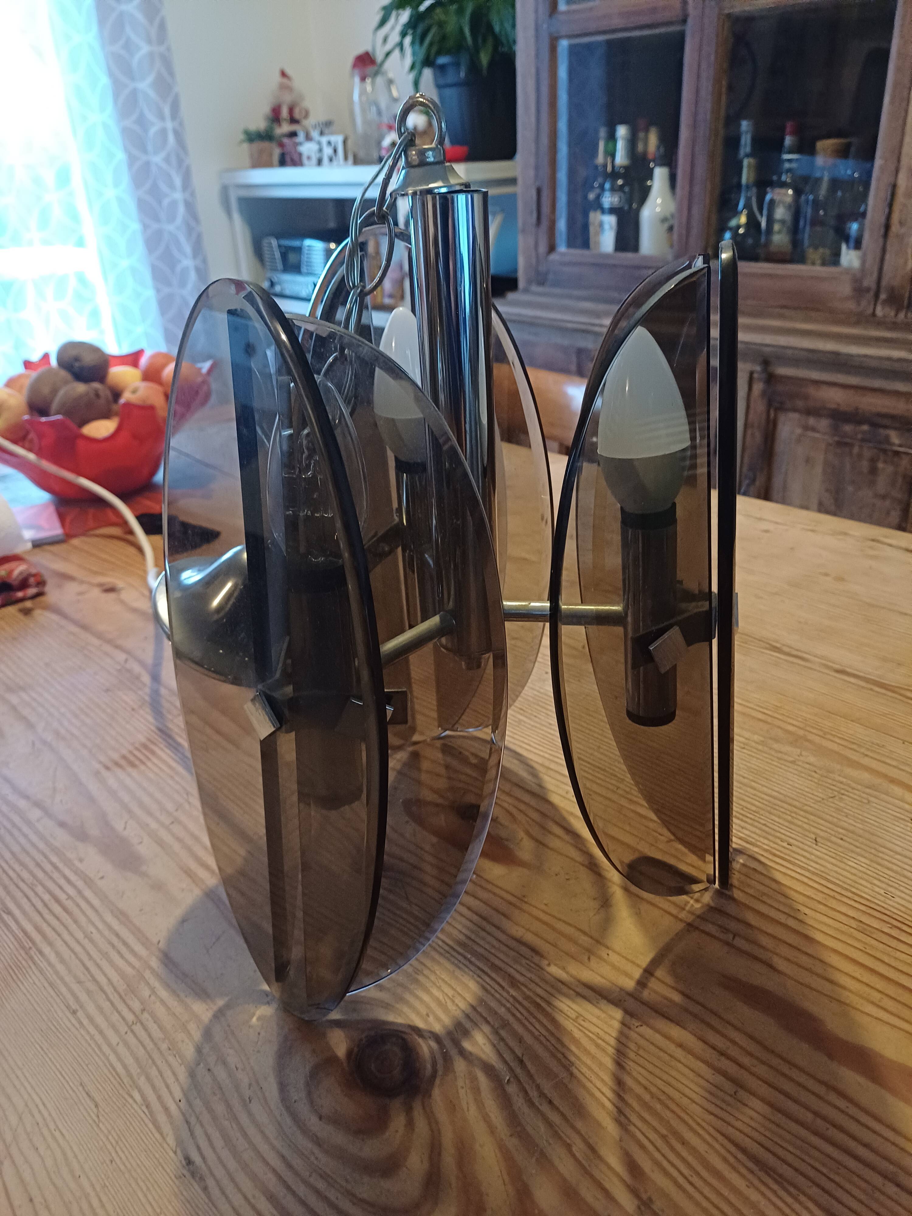 Vintage Chandelier Veca, Chrome and Smoked Glass