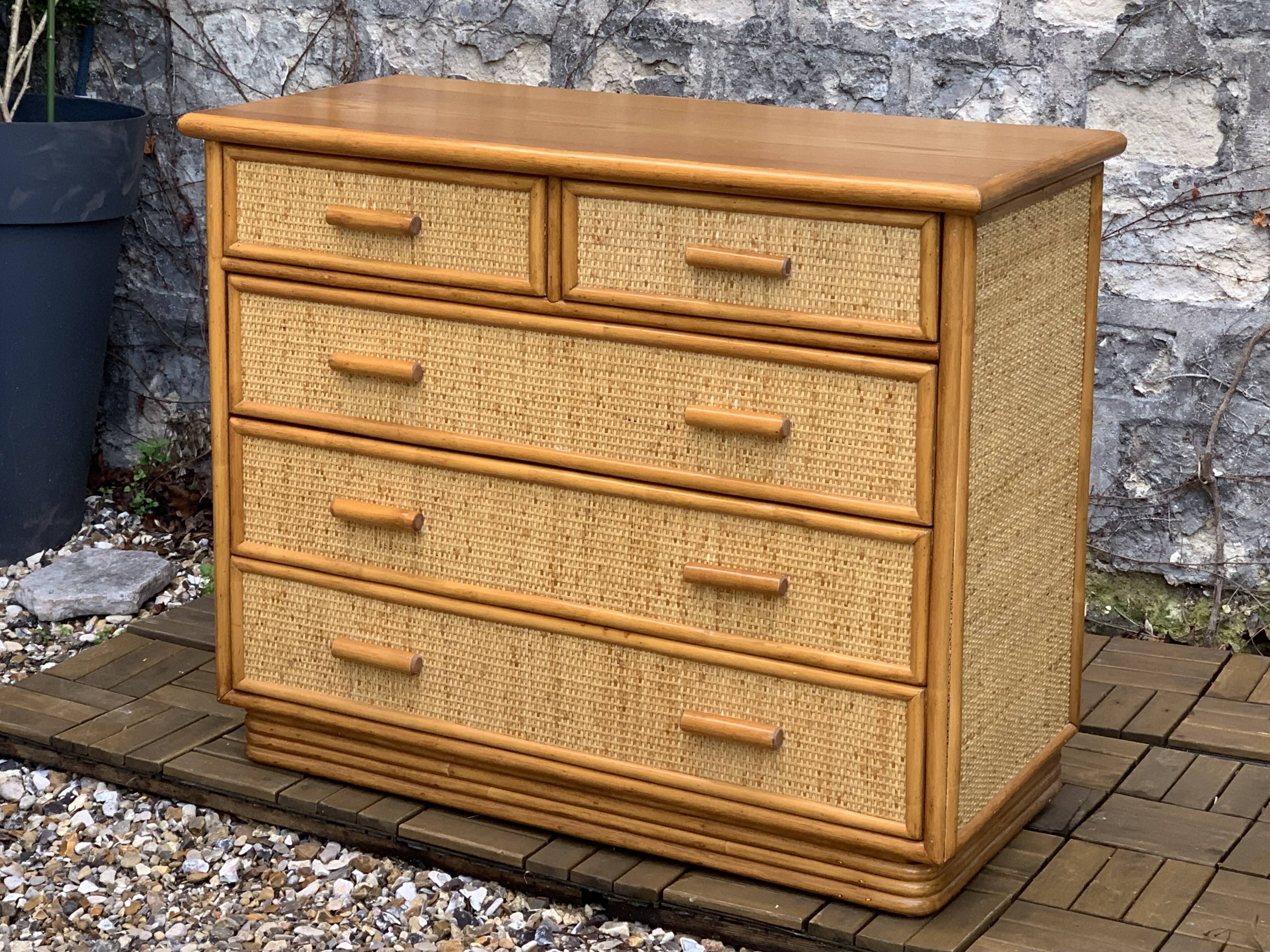 Vintage rattan and woven wicker chest of drawers 1970