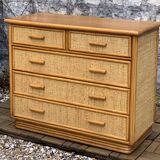 Vintage rattan and woven wicker chest of drawers 1970