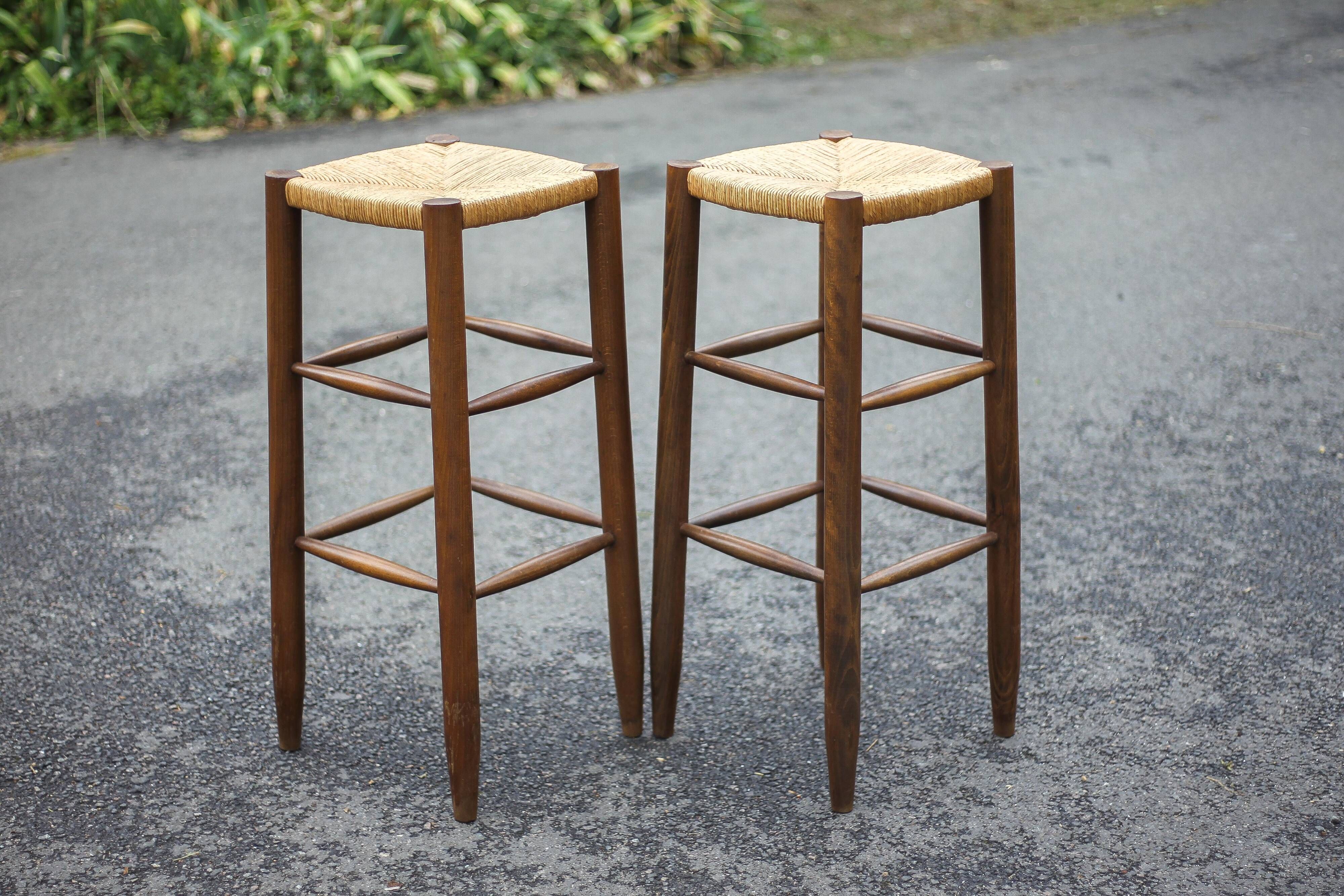 Pair of bar stools, wooden and straw stool, vintage bar stool, vintage stool, decoration