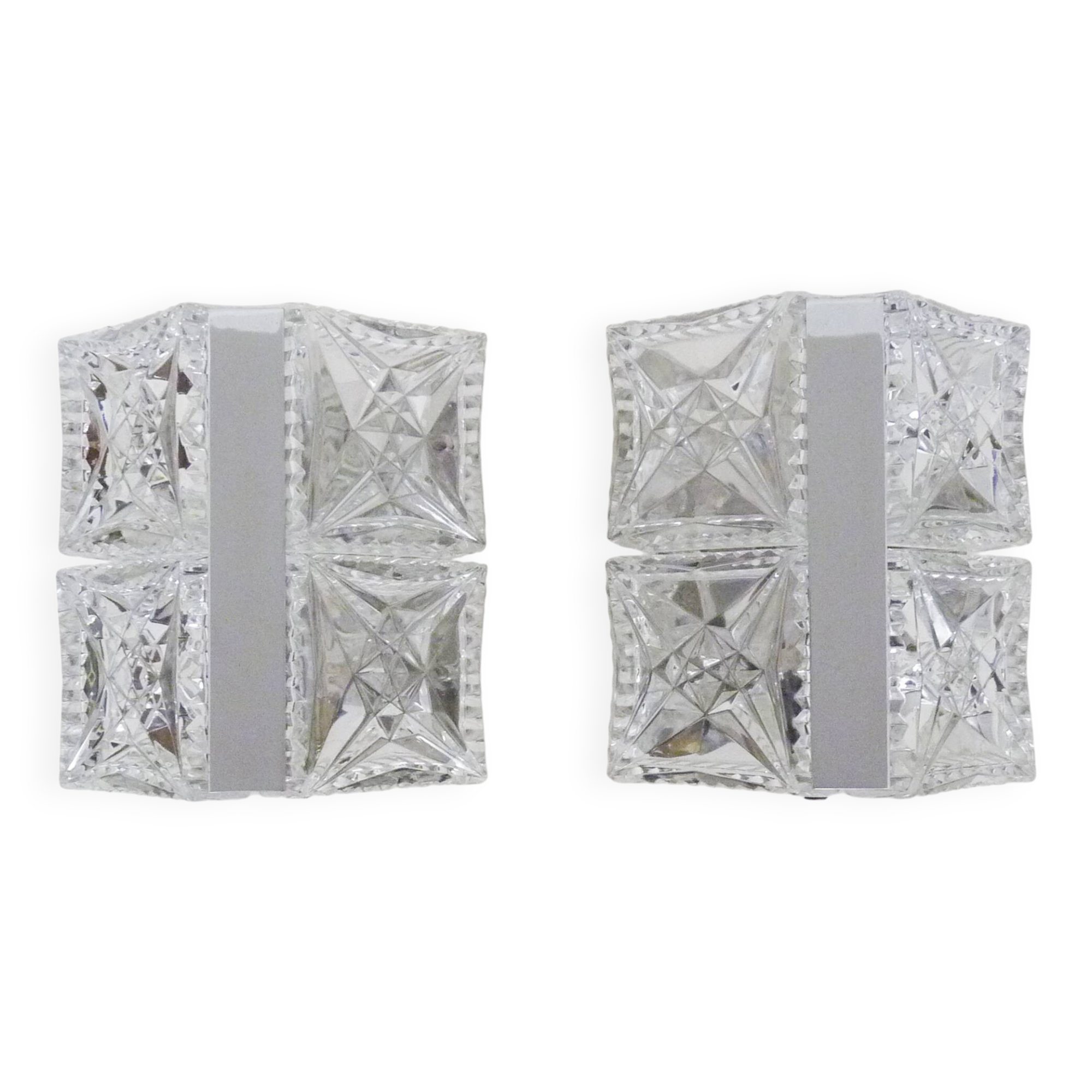 Pair of modernist 1970s glass and chrome metal wall sconces