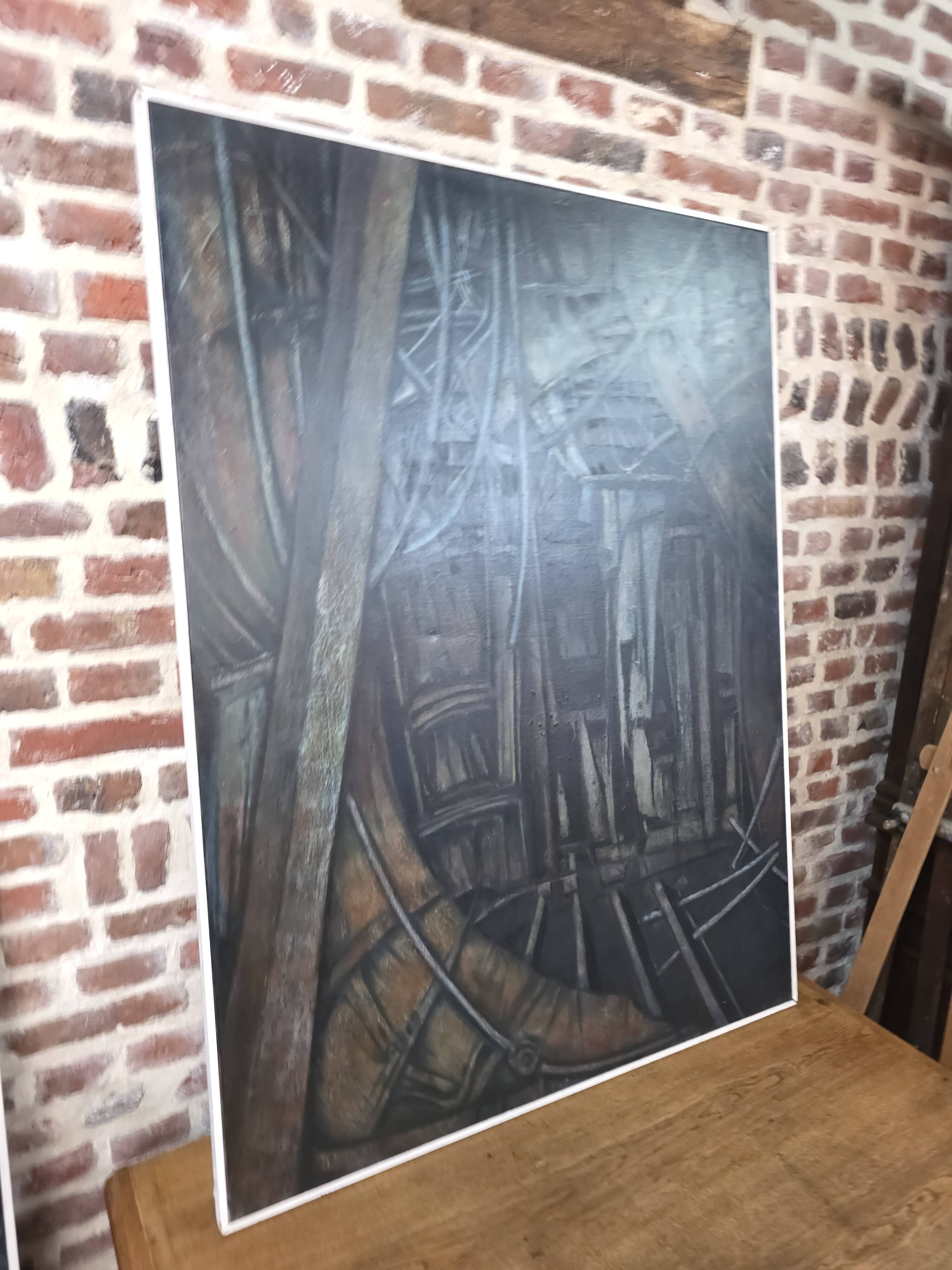 Oil painting on canvas of the interior of a boat from the 50s/70s