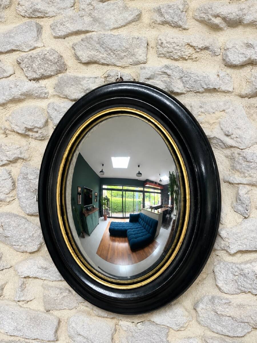 Pair of witch mirrors from the Napoleonic III era, 42.5/34.5cm, black and gold, curiosity, glass.