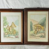 Pair of colorized mycological lithographs - Coprinus comatus, Psalliotta arvensis - 70s
