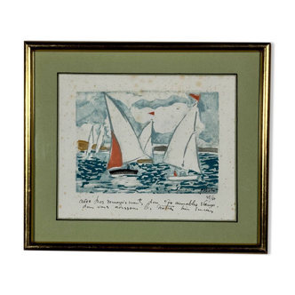 Lithograph signed by Jean Chabot depicting a regatta from the 20th century.