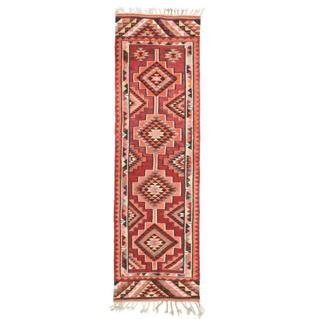 1970s Vintage Turkish Hand-Knotted Wool Cotton Red Runner Rug 93x324