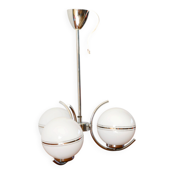 Suspension 3 feux en opaline et chrome, Art Déco, 1940