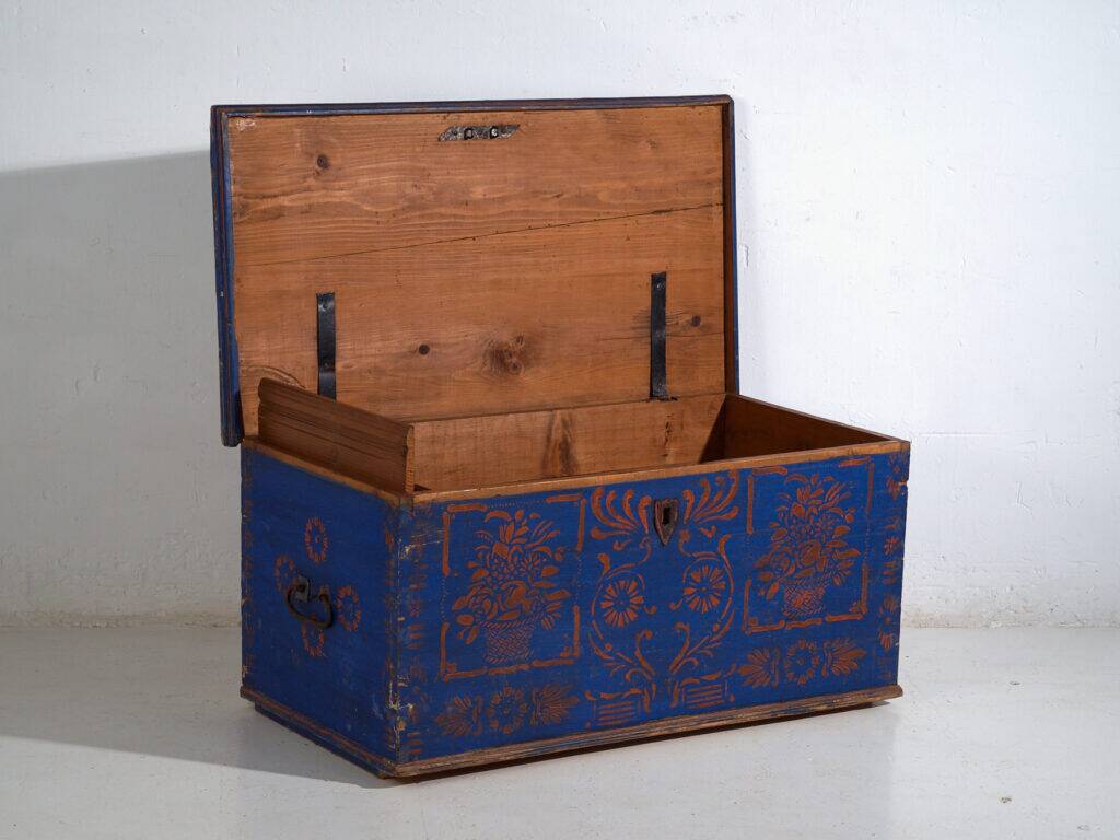Antique wooden chest painted blue – folk art – Central Europe around 1900