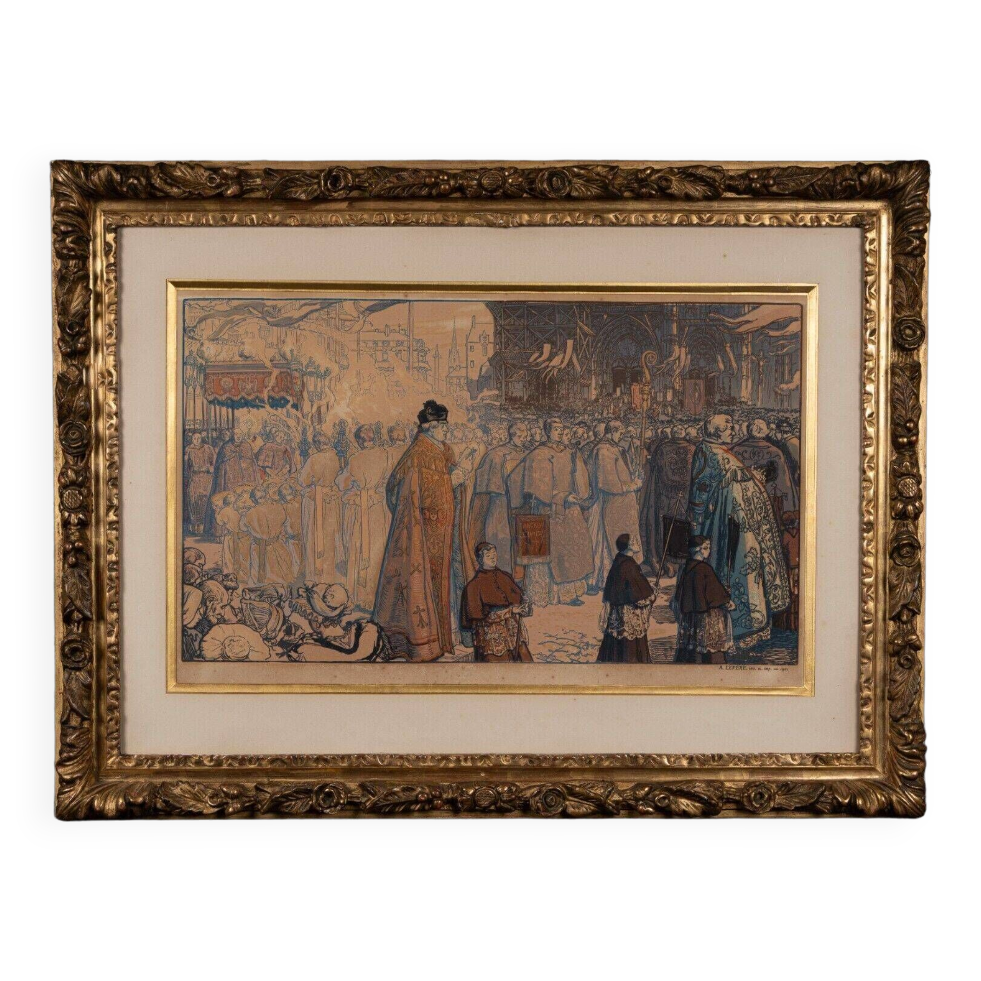 Engraving Auguste Lepère enhanced religious procession Nantes cathedral