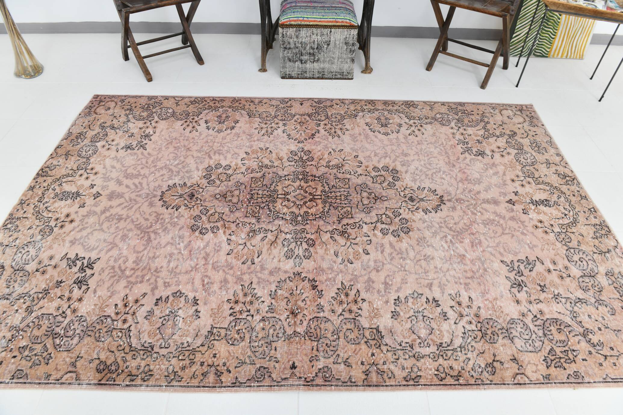 Pink Rug  266x173 cm Pastel Pink Vintage Carpet , Hand Made Wool Carpet.