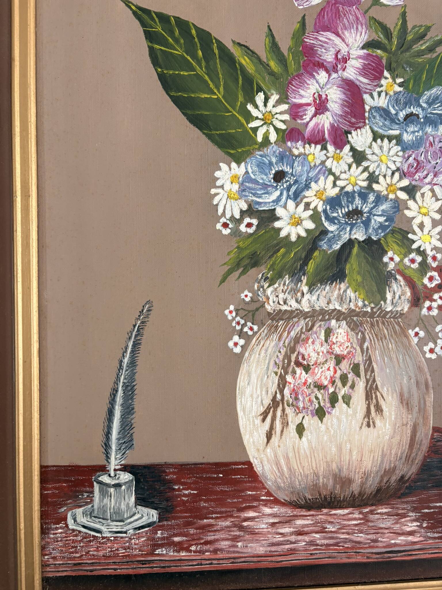 Old Oil Painting on Canvas Still Life Flower Bouquet Framed