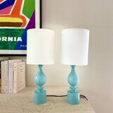 Pair of sky blue Philippe Capelle bedside lamps in turned wood - 1970.