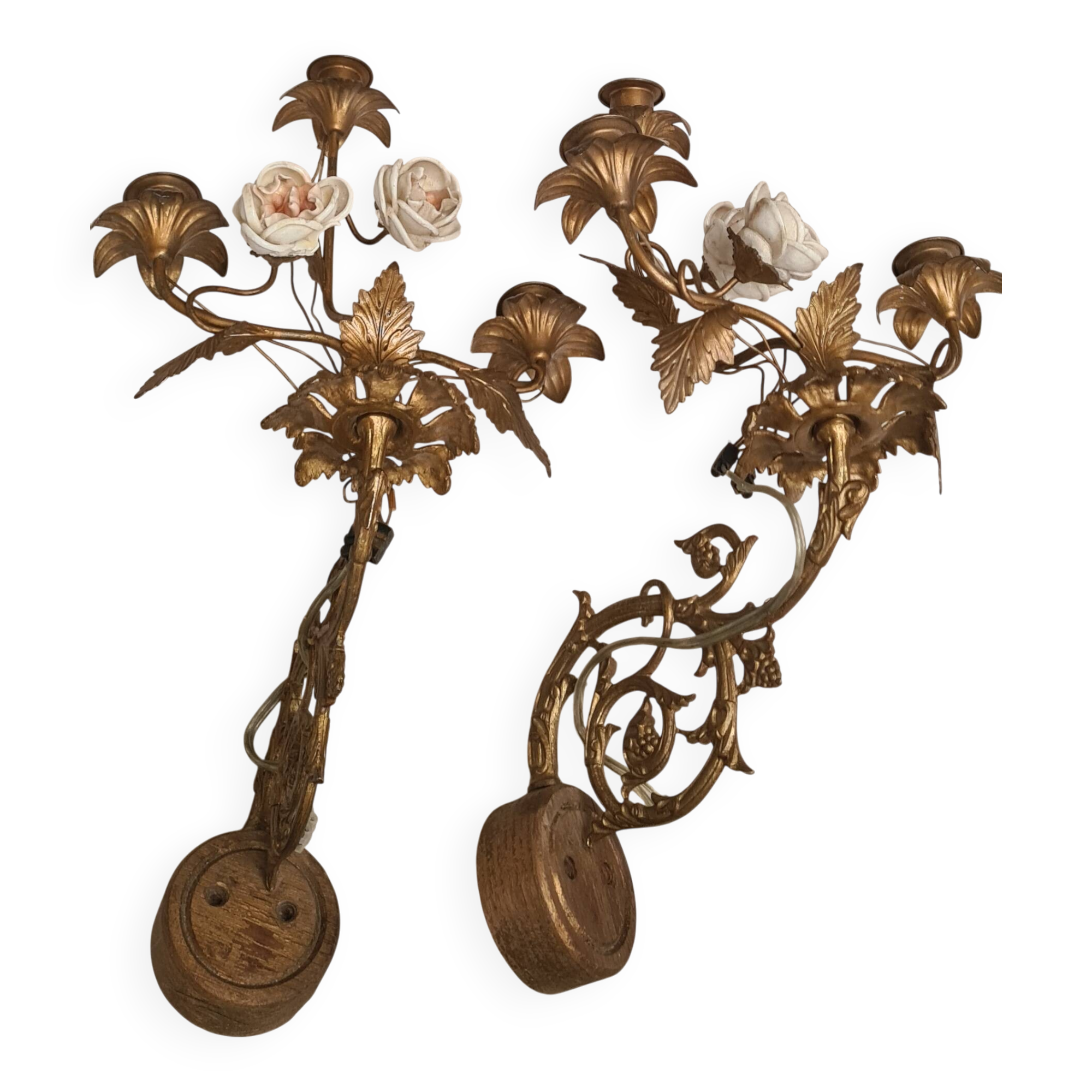 pair of wall lights brass bronze 1900 to 30 pink porcelain 45x28