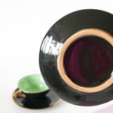 Set of 6 black and colored earthenware cups and saucers, 1950