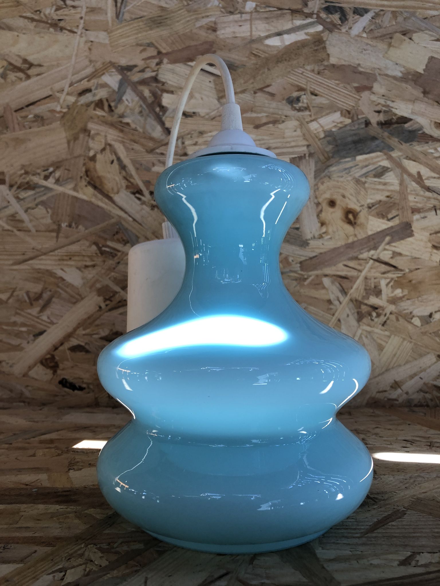 Old Suspension Opaline Blue + Thread White Decoration 70s Vintage