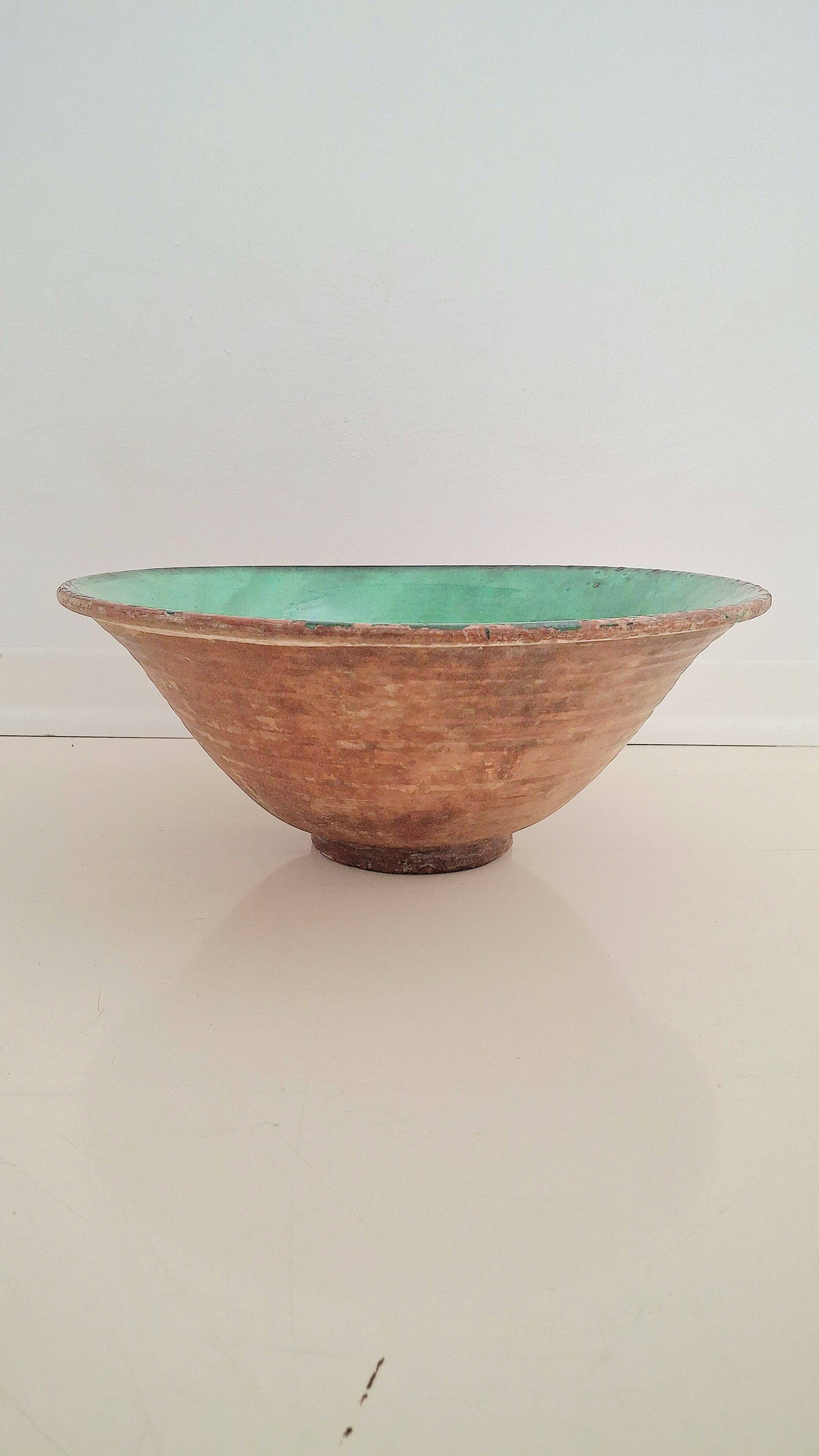 19th century Antique Hand-Glazed Terracotta Conical Bowl in Emerald Gr