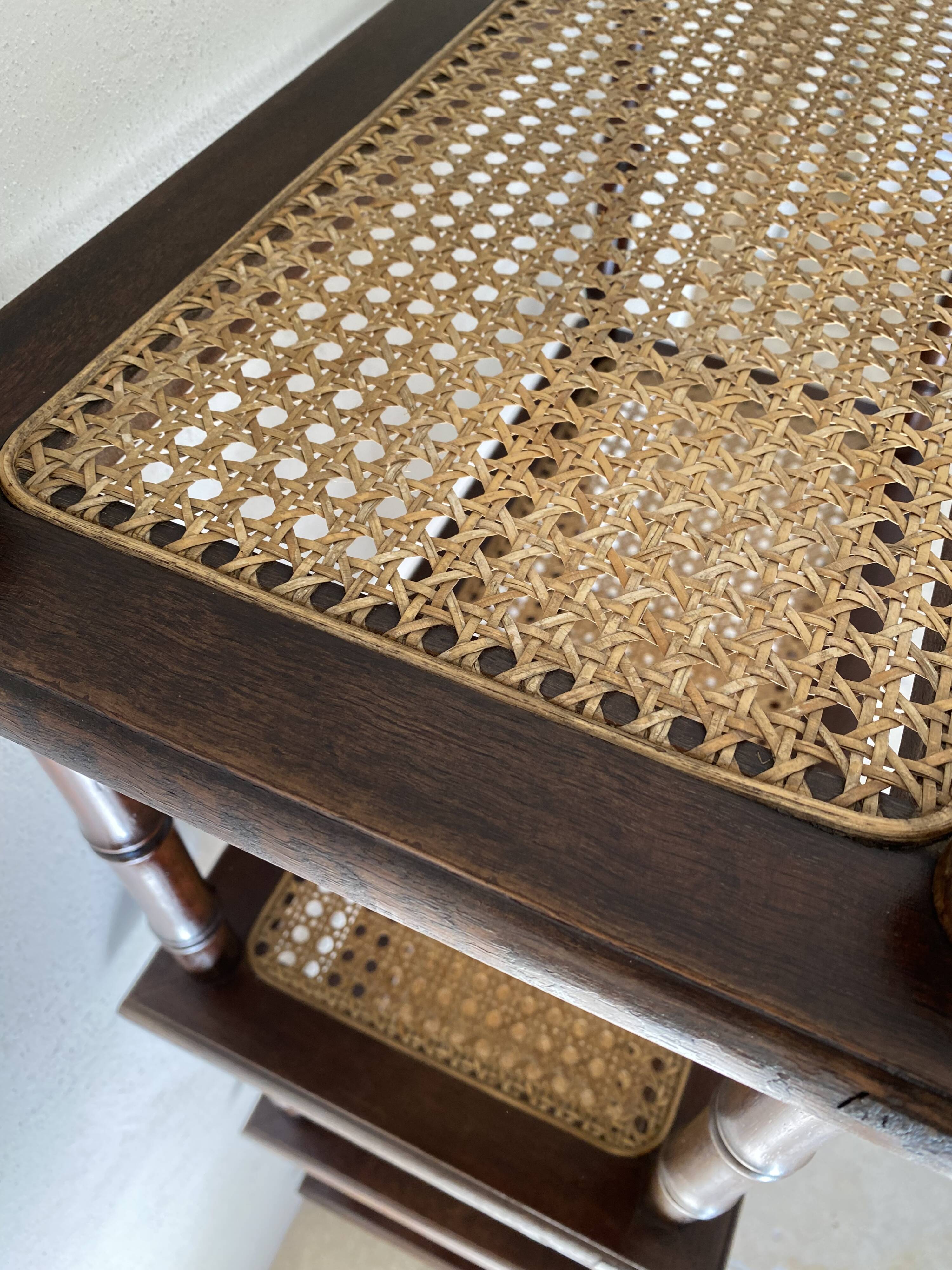 Vintage wooden shelf with cane, colonial style, 4 levels.