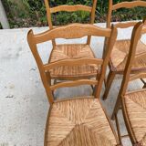 4 Louis XV chairs in solid blond oak and straw wood with shell sculptures