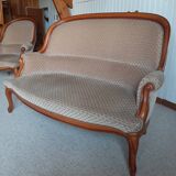 2-seater Louis XV style sofa - arched legs - Art Deco patterned velvet fabric - Beige