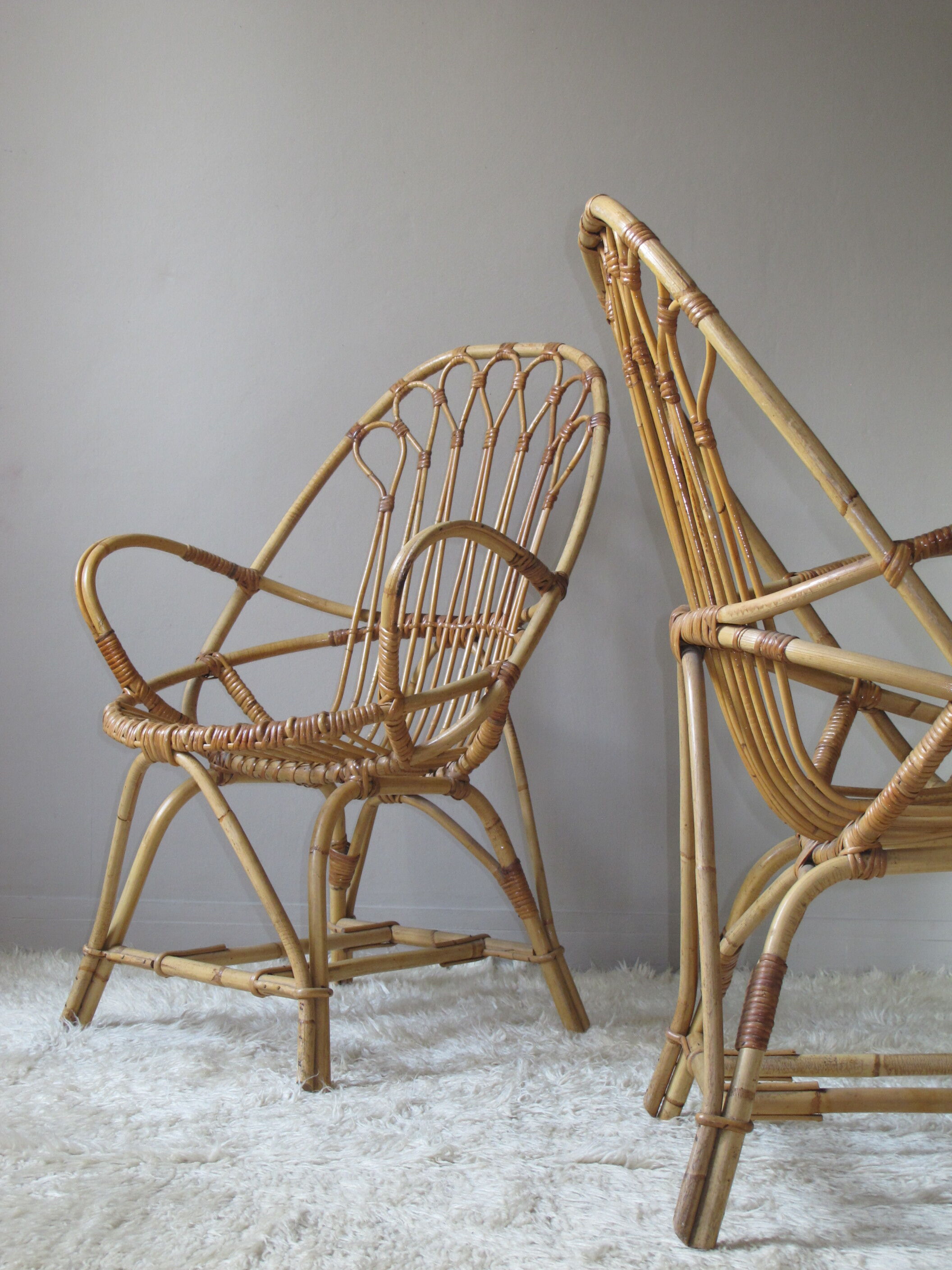 Pair of armchairs in rattan wicker vintage Bohemian style