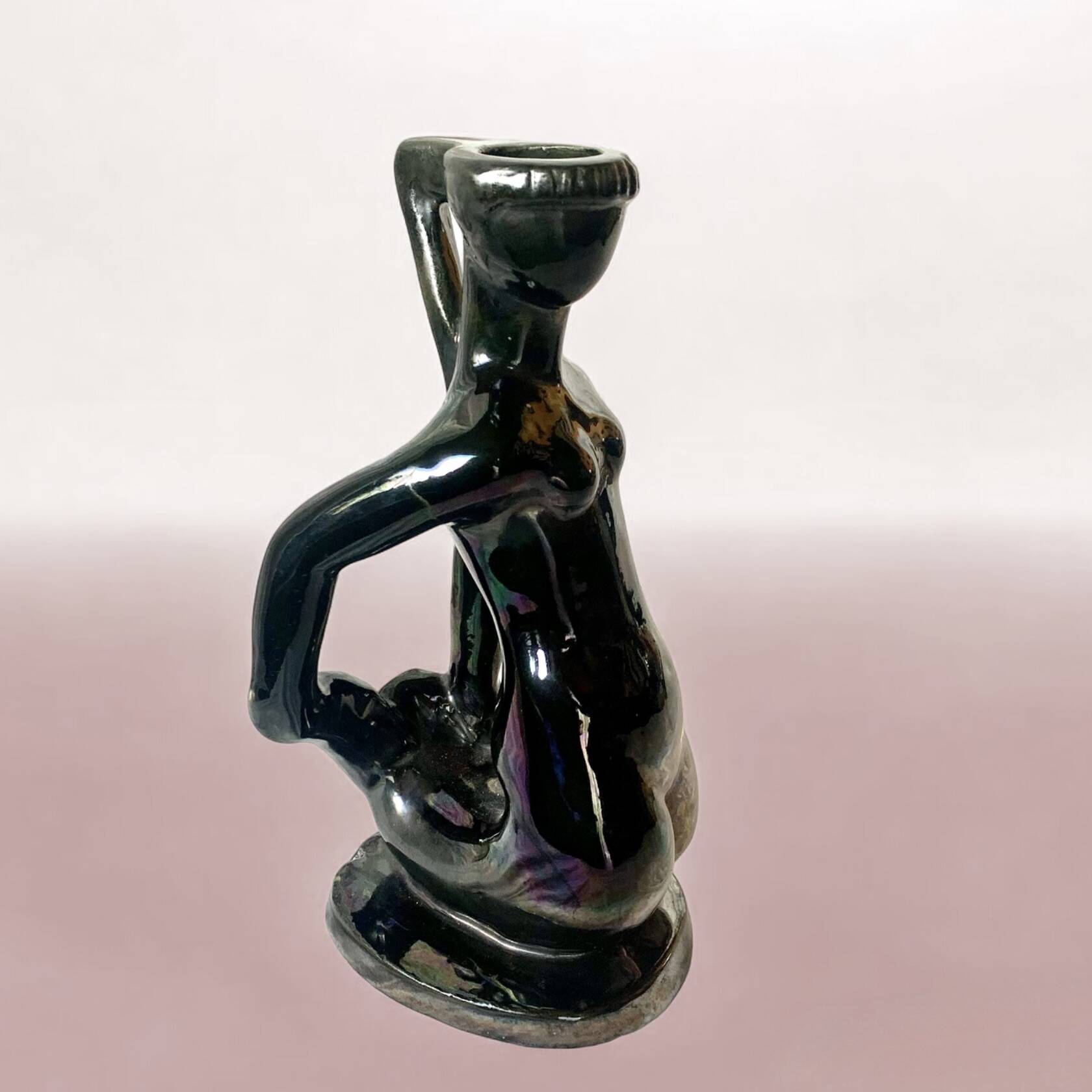 Old Vallauris soliflore vase in pearly black ceramic - female body