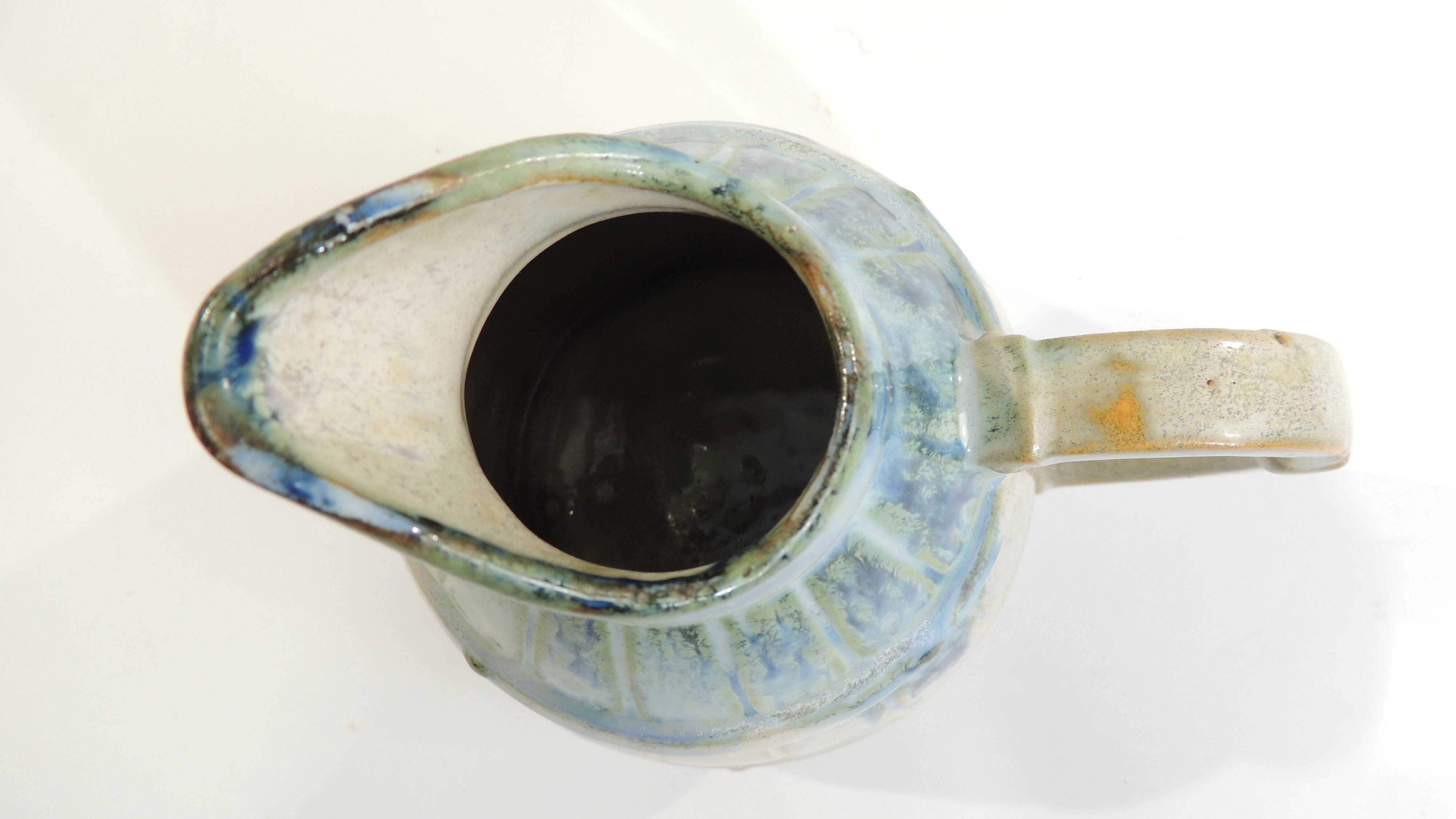 Vintage beige and blue glazed ceramic pitcher – Rustic handcrafted jug