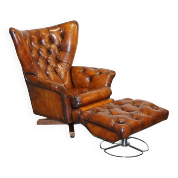 Set de Fauteuil et Ottomane Vintage en Cuir Marron Teint à la Main