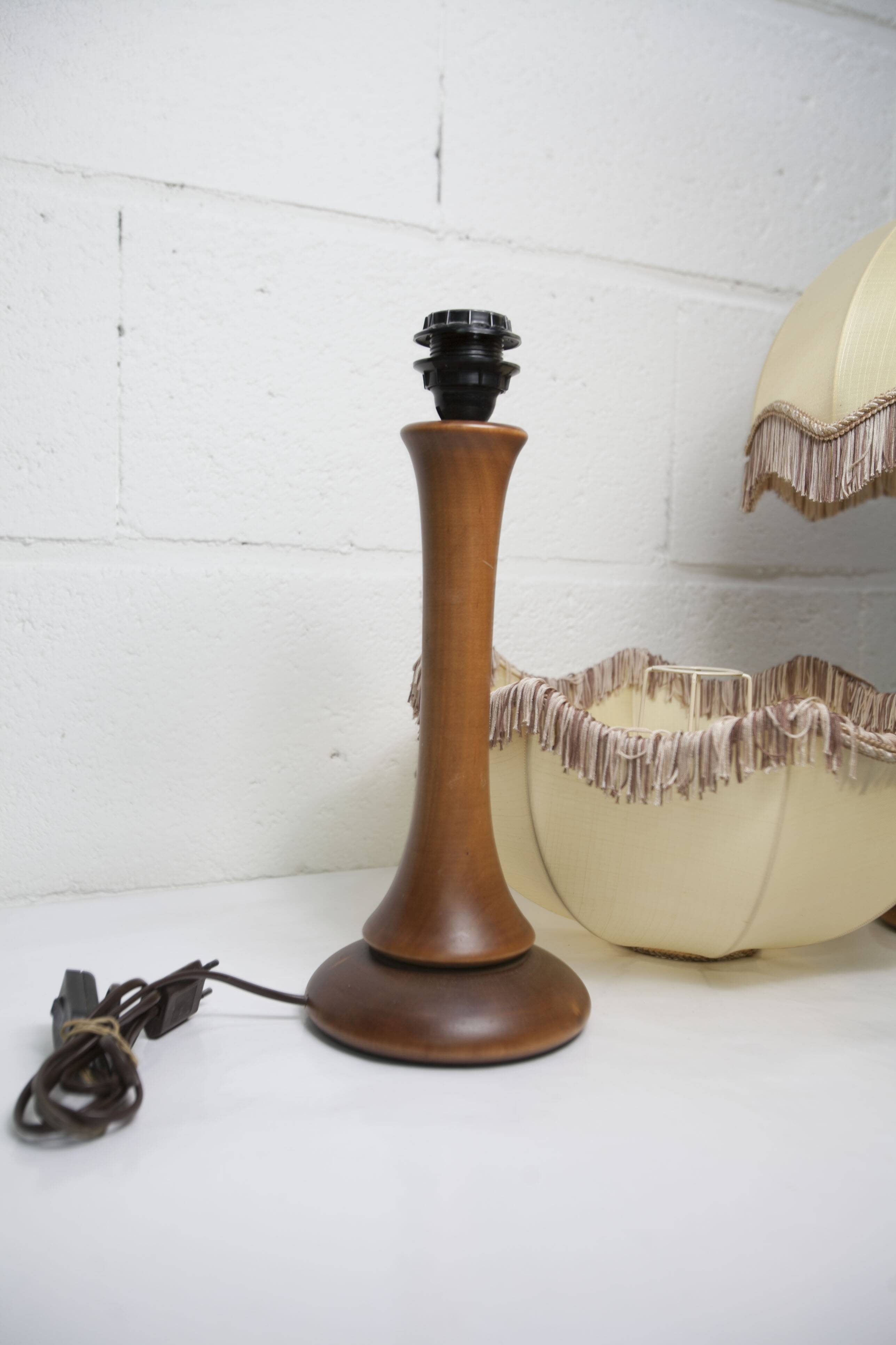 Pair of 1930s Art Deco bedside lamps with fringes, solid wood legs 52cm